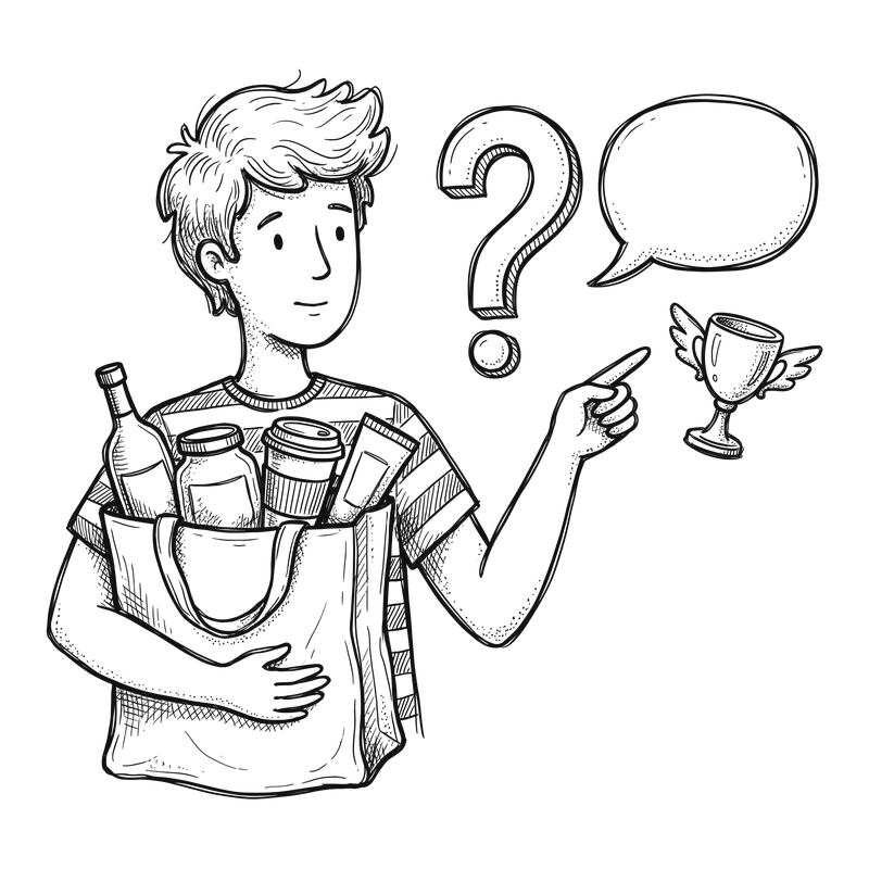 Hand-drawn shopper with a bag of everyday products pointing at a question mark
